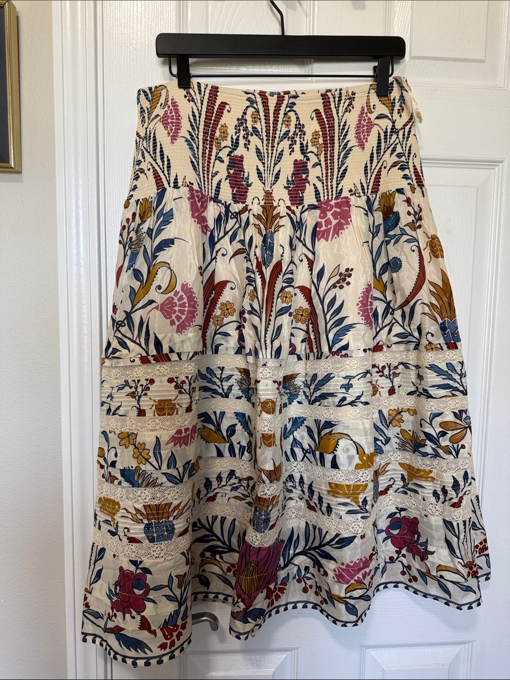 Farm Rio Shirred Tiered A-Line Midi Skirt Cream Multicolor Folk Print Lace Lg - Picture 4 of 6